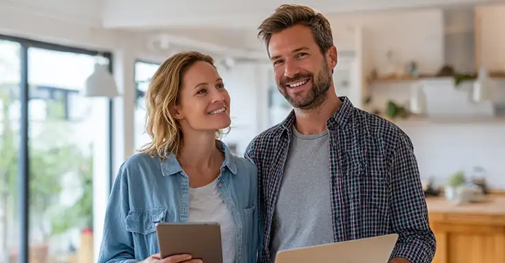 Paar informiert sich zu Hause über den Immobilienkauf