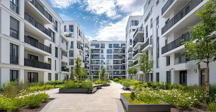 Moderne Wohnanlage mit begrüntem Innenhof